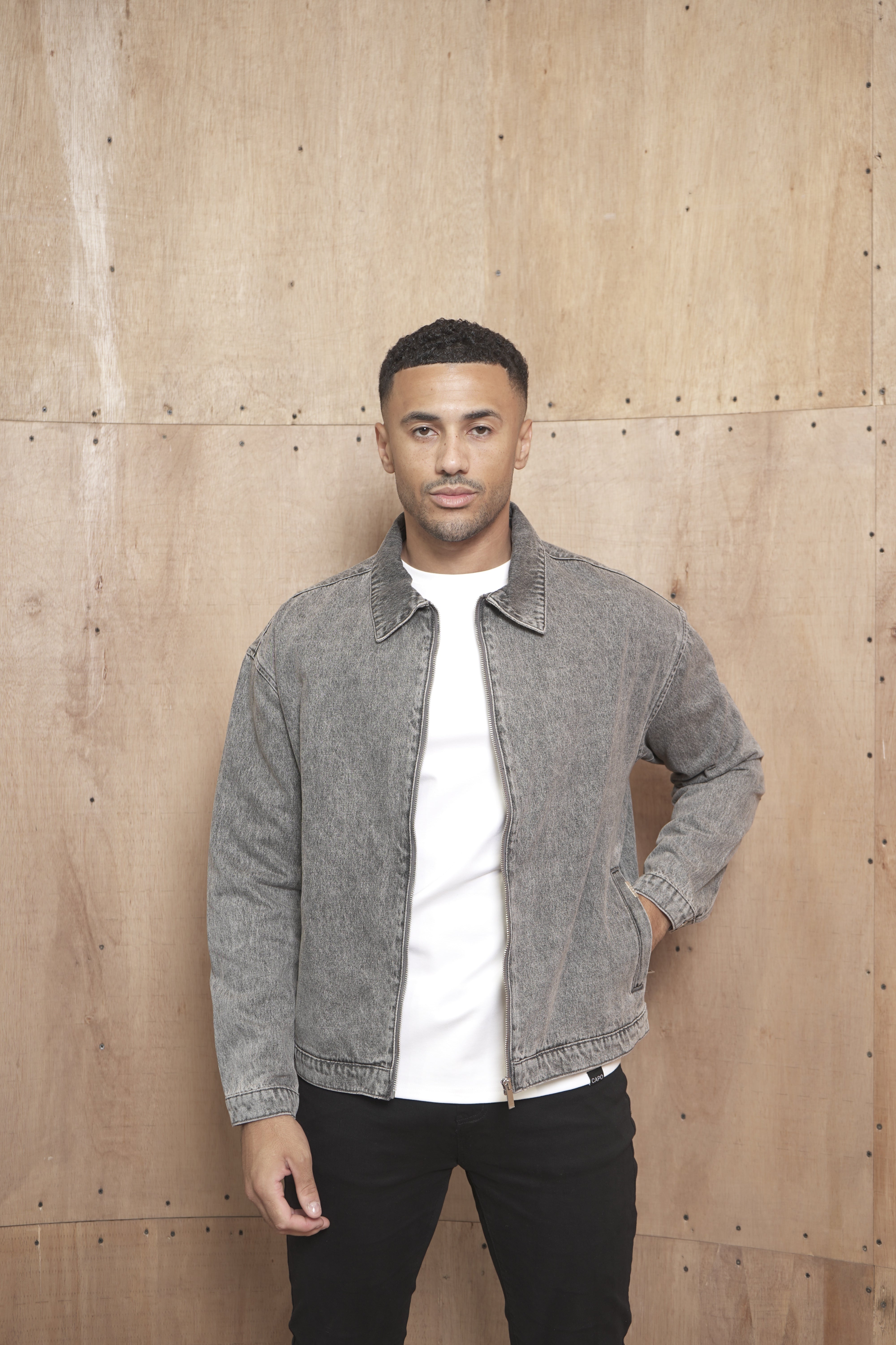 CAPO Washed Black Zip-Up Denim Jacket